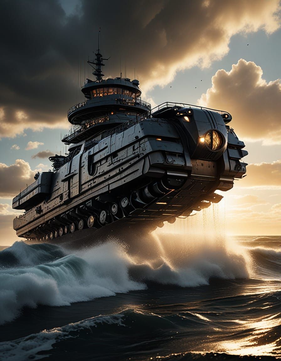An immense amphibious war machine rising from the sea, art deco, hyperdetailed, charcoal drawing, Sketchfab 