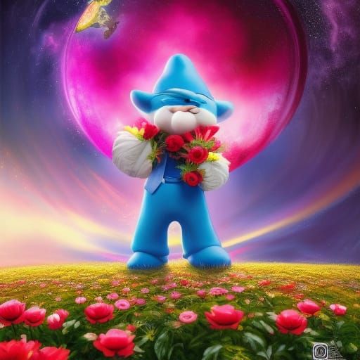 A SMURF in the flower field under the red moon