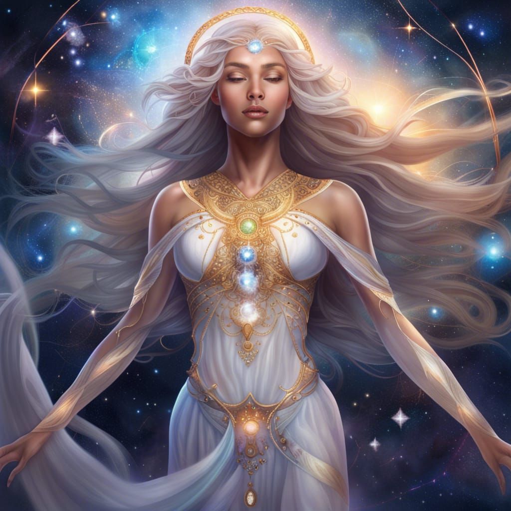 Celestial angelic goddess adorned with constellations