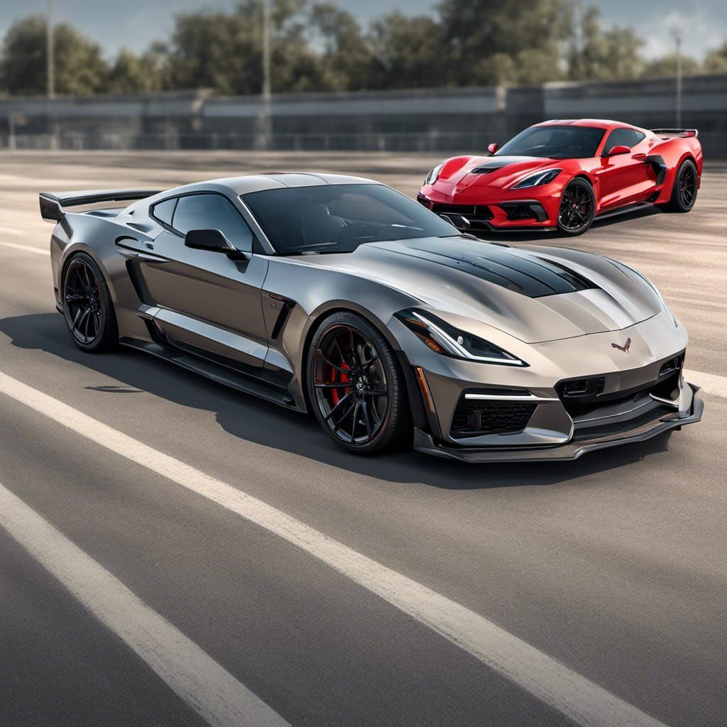 Real 2023 Mustang dragging with a 2023 Corvette, both cars s...