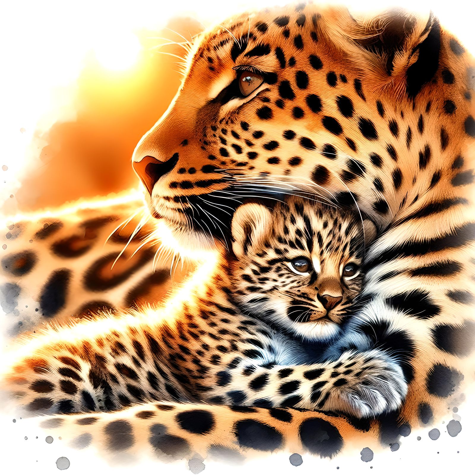 Baby leopard lovingly snuggling with its mother