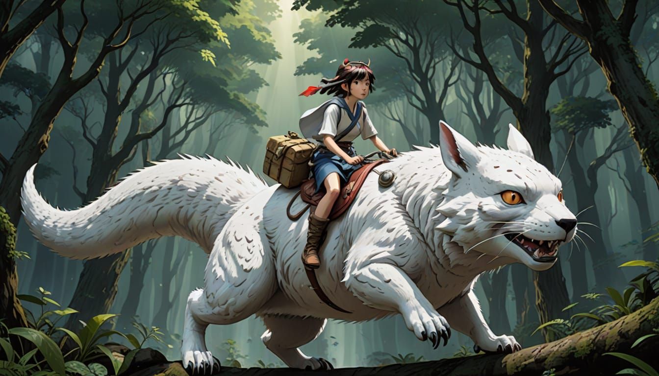 Princess Mononoke and Totoro riding a flying albino squirrel dragon . Masterpiece, Best Quality, flat, ...  by @AIrtist_AInonimoose