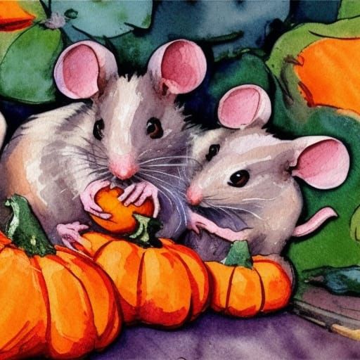 Mice playing pumpkin garden