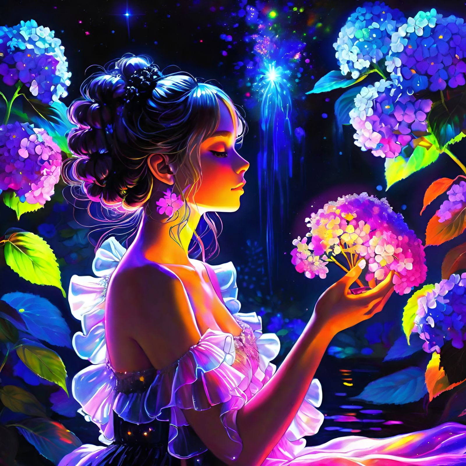 Glassy Reflections- black light art triadic colors rendering. Anime with painterly triadic colors shading ...  by @Tgr22