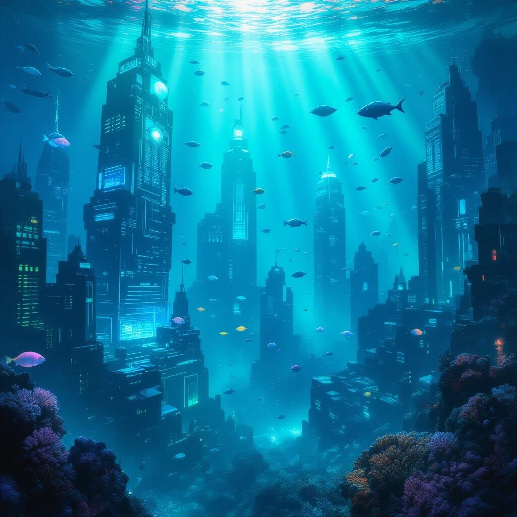 Lost Cities. Highly Creative. Digital painting. A sunken, futuristic metropolis, now a lost city beneath the ocean. Schools of bioluminescen...