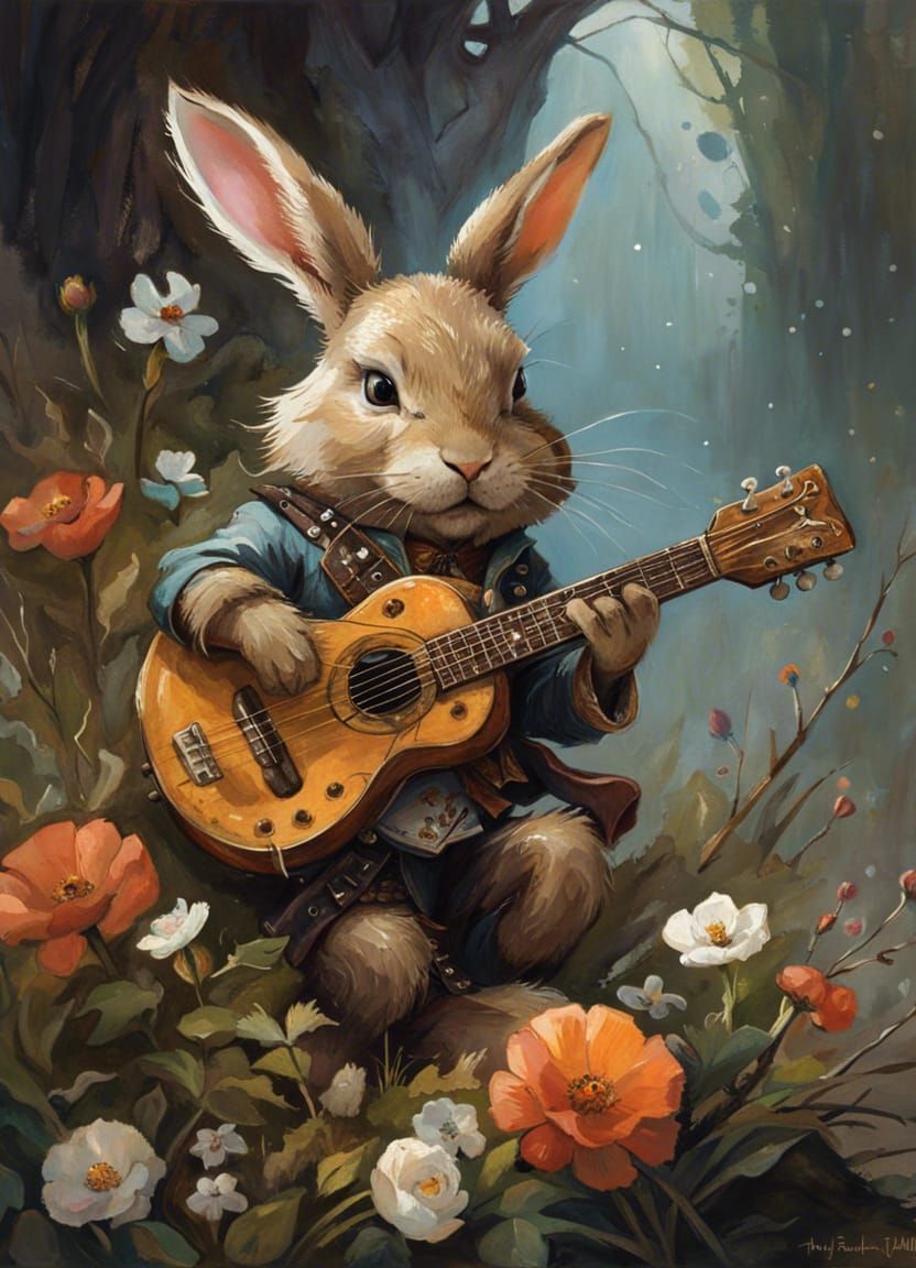 Portrait of a cute and adorable bunny playing guitare