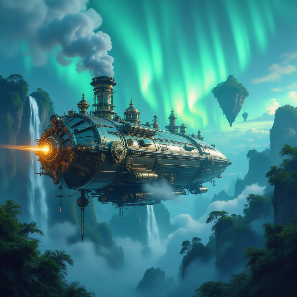 A majestic, steam-powered spacecraft, adorned with intricate clockwork mechanisms and ornate filigree, navigates through a dense, aurora-fil...