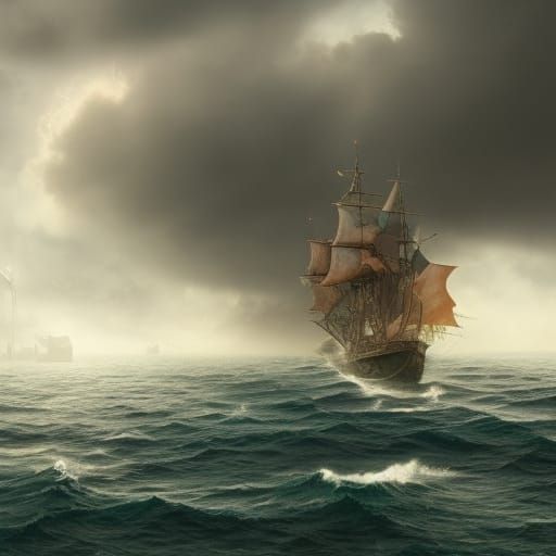 Ships in the horizon with dark stormy clouds