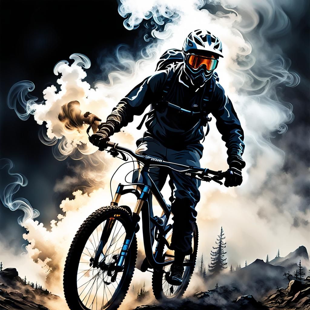 Silhouette of a mountain bike rider made of smoke