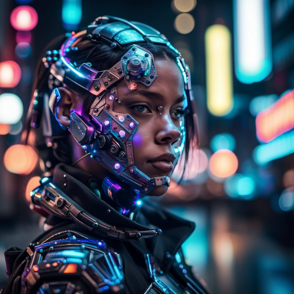 cyborg girl wearing futuristic face armor in a neon city at ...