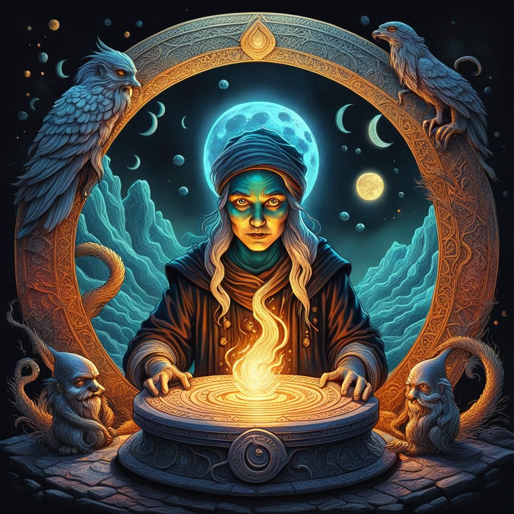 Witch Summons Spirits in Moonlit Alchemy Art