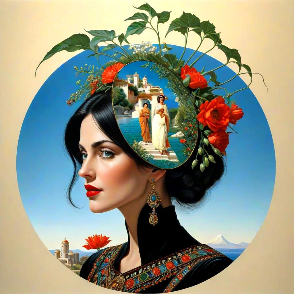Hyperrealistic Portrait of a Joyful Lady in a Surreal Landsc...