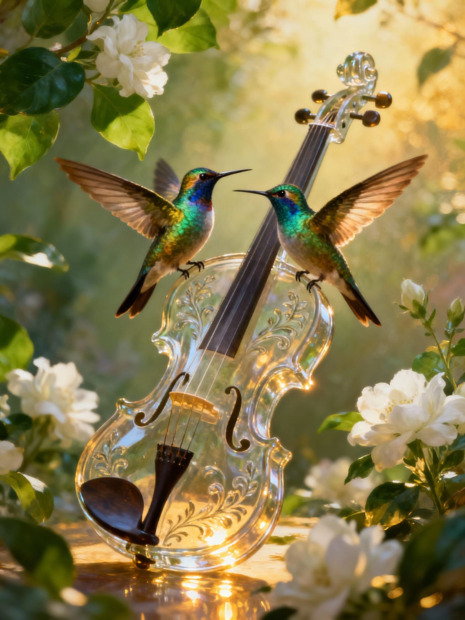 A magical scene featuring two vibrant hummingbirds perched on a delicate, intricately designed glass violin that catches the warm, golden li...