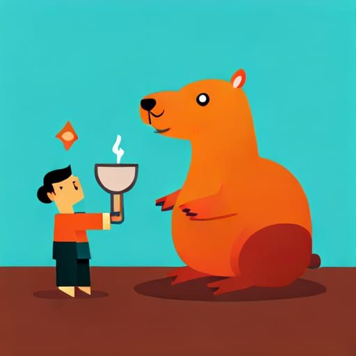 "Create an image featuring a deity Capybara and a cultist wo...