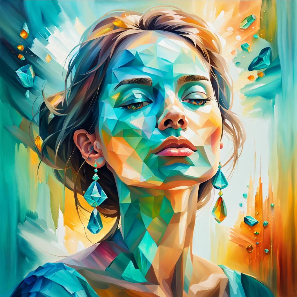 Vibrant Oil Painting of Serene Woman with Crystal