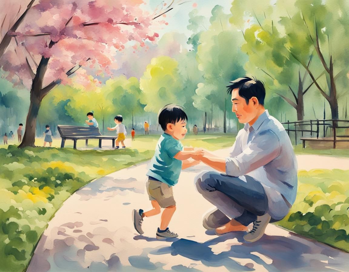 Young happy Asian daddy playing with his little son in the park, beautiful spring