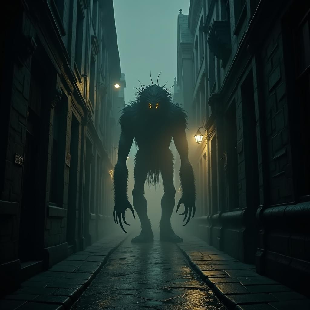 Creature in the Shadows:

"A dimly lit street at night with ...