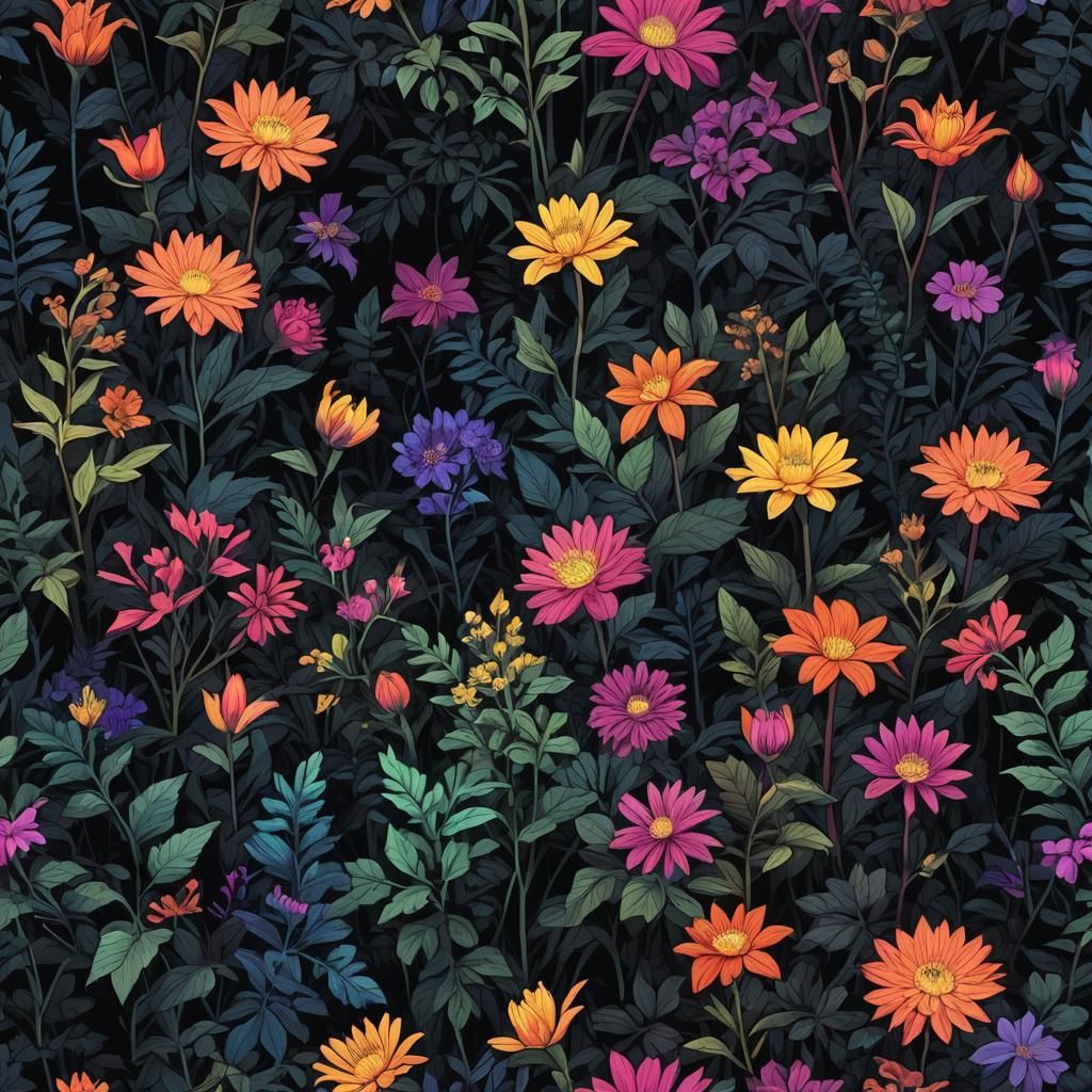 Detailed vibrant flowers in a dark epic forest, low brightne...