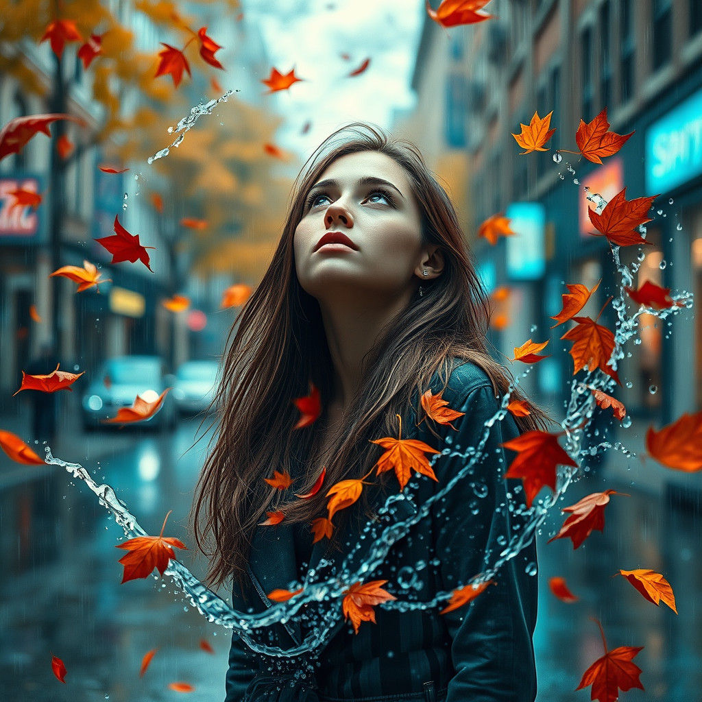 Nostalgic Woman in Rainy Autumn Street Scene