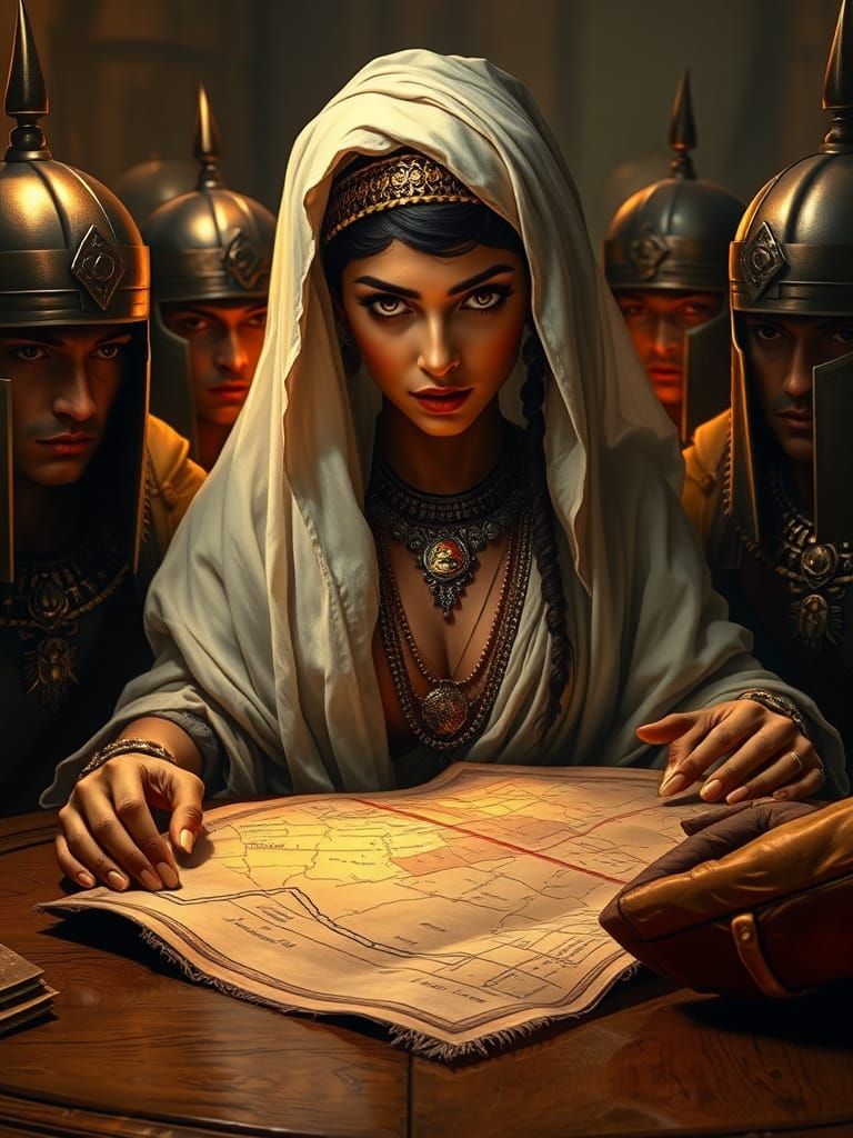 Ancient Egyptian Woman Studying Map with Soldiers
