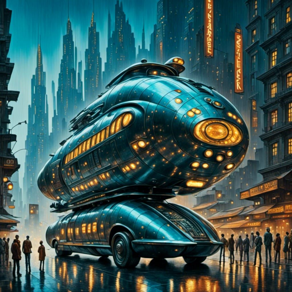 <lora:Dadaist forms:1.0> <lora:Futurecity:1.0> Dramatic night scene: Amazing futuristic majestic Vehicle. In a futuristic city. Spaceships a...