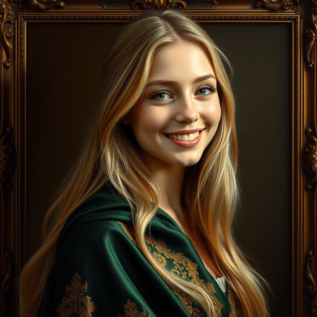 Vivacious young woman, portrait, realistic, blonde, wearing a cloak, wearing green