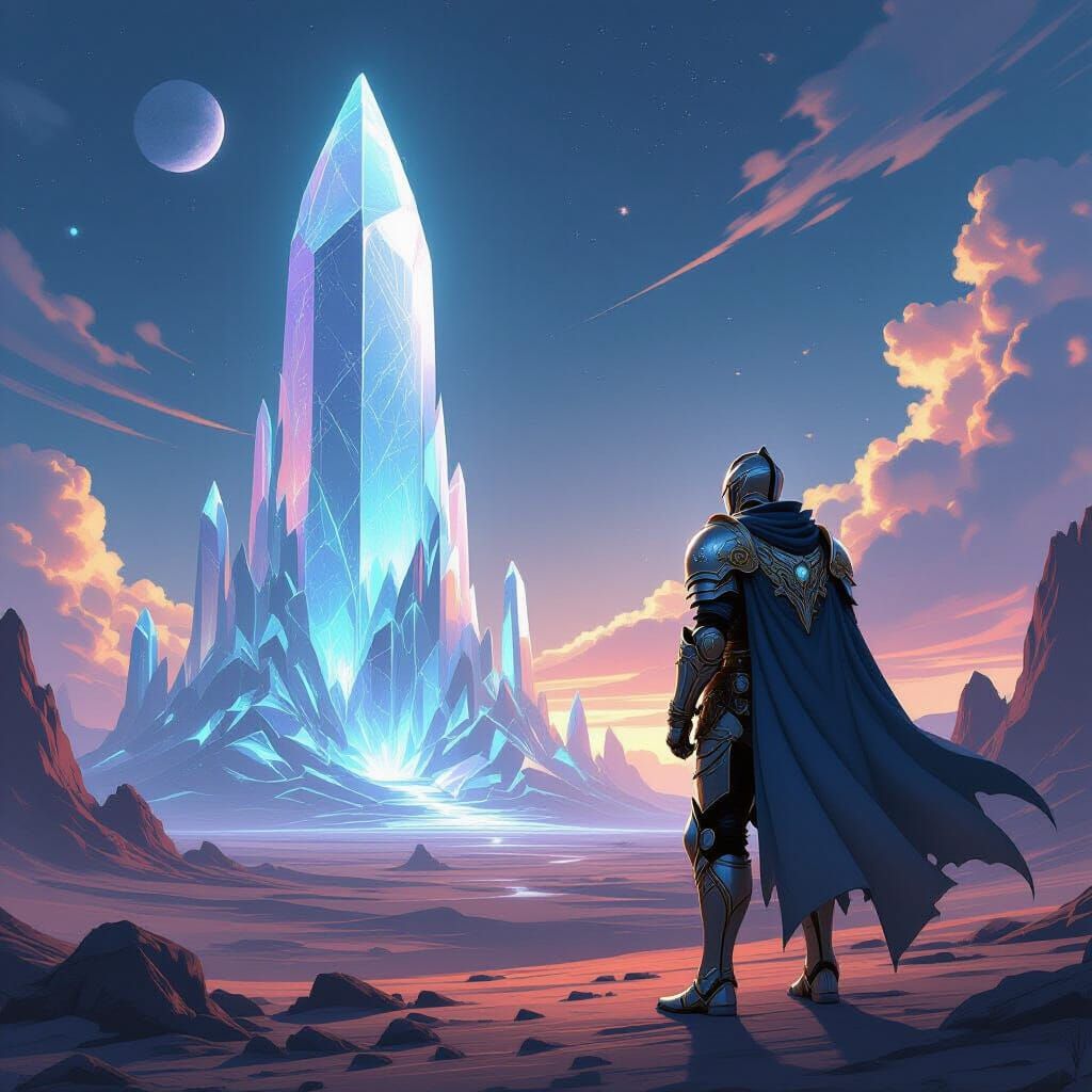 Anime style. A lone knight in ornate, futuristic armor stands on a desolate alien planet, gazing at a colossal, crystalline structure in the...