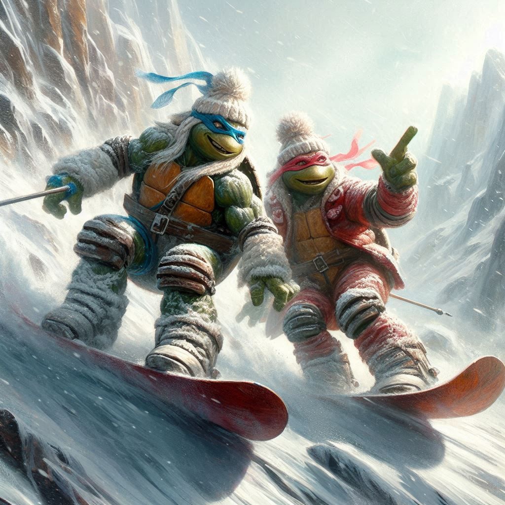 Two Ninja Turtle brothers snowboarding