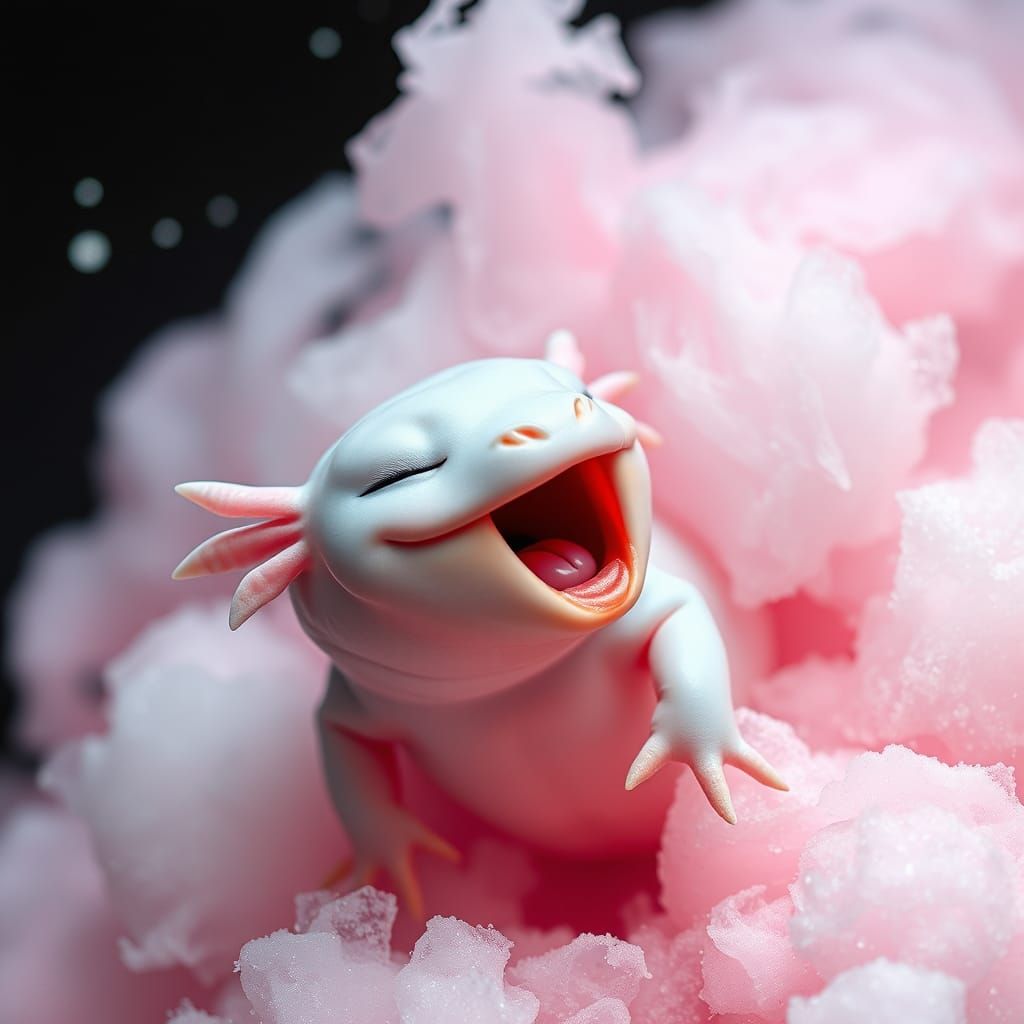 An axolotls screaming on top of a giant cotton candy cloud, seen from the side, with sweet-smelling sugar ...  by @Illusion Krafter