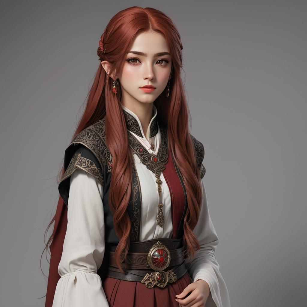 a 15-year-old young girl with long, red coffee-colored hair,...