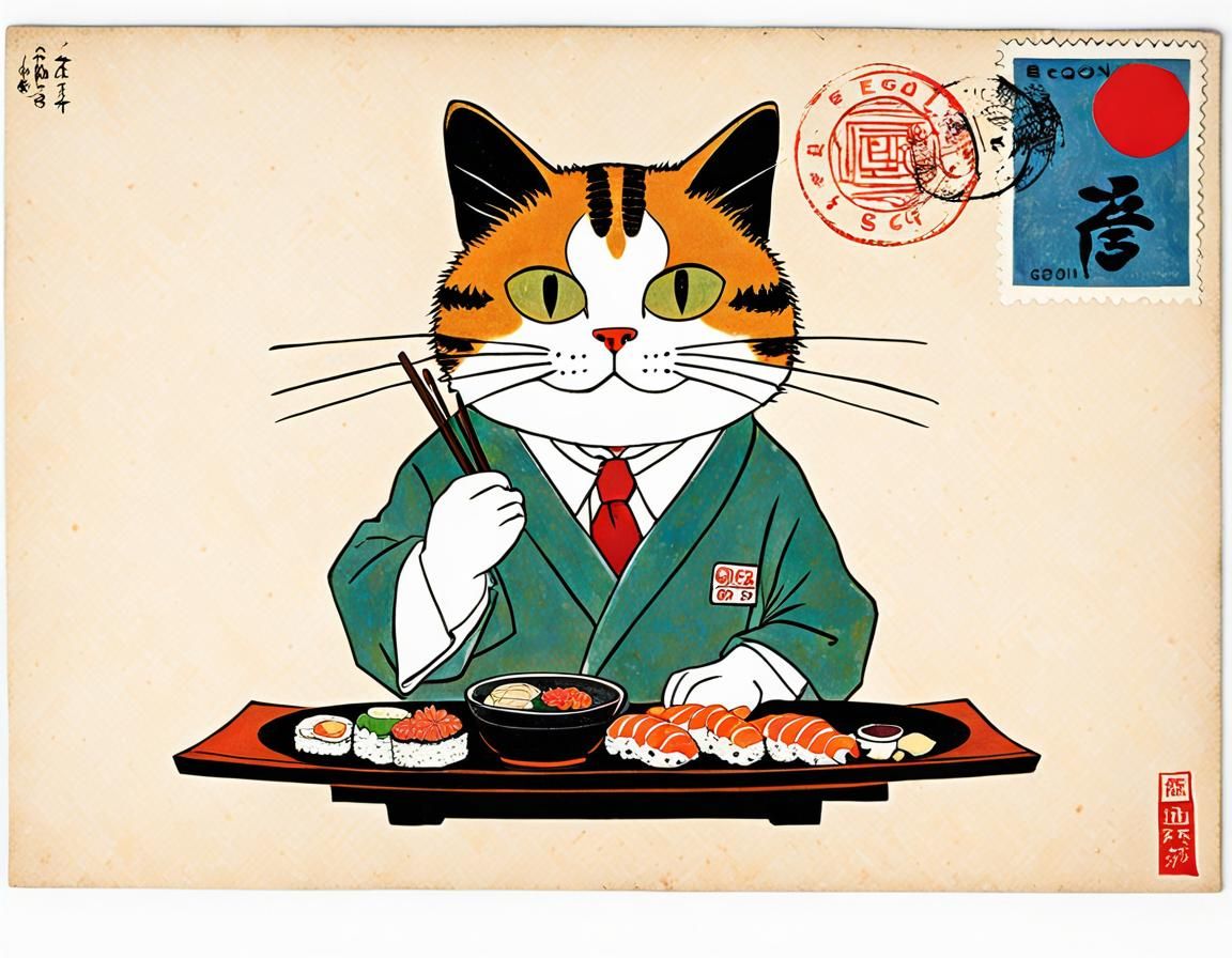 Vintage postcard with stamp of Cool cat at sushi bar, vintag...