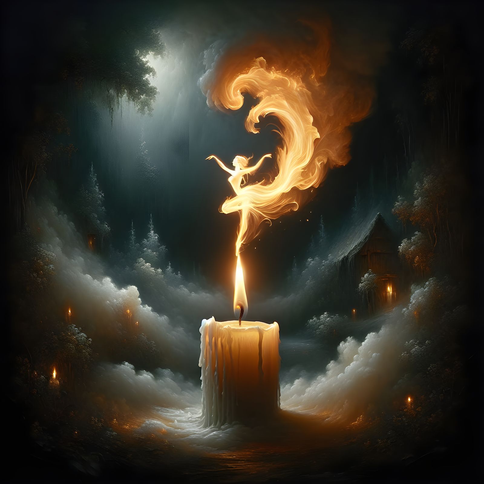 A burning candle with a flame in the shape of a dancing woman. High resolution.   by @Irene