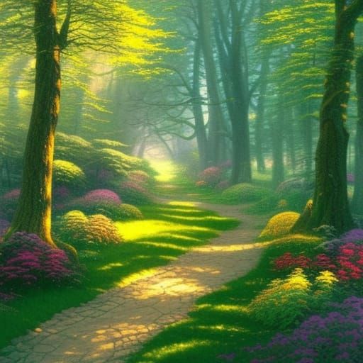 A grove of oak trees with morning sunlight shining through t...