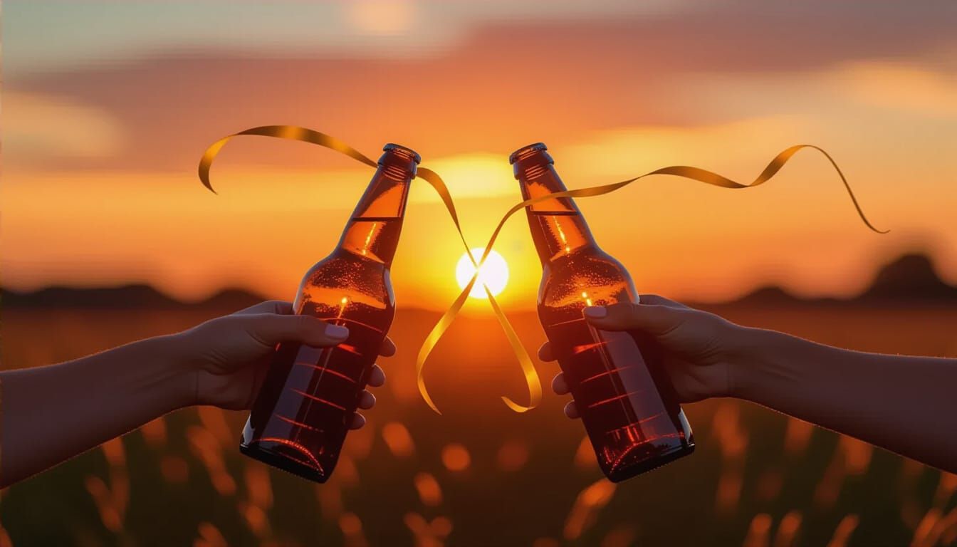 Two beer bottles touch in the air, and when they collide, the silhouette of a golden bow is visually formed. With hands holding it as they r...