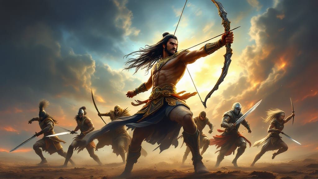 A dynamic illustration of Arjuna, the legendary Mahabharata warrior