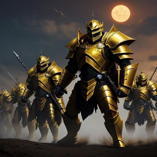 army of terrifying monsters in golden armour