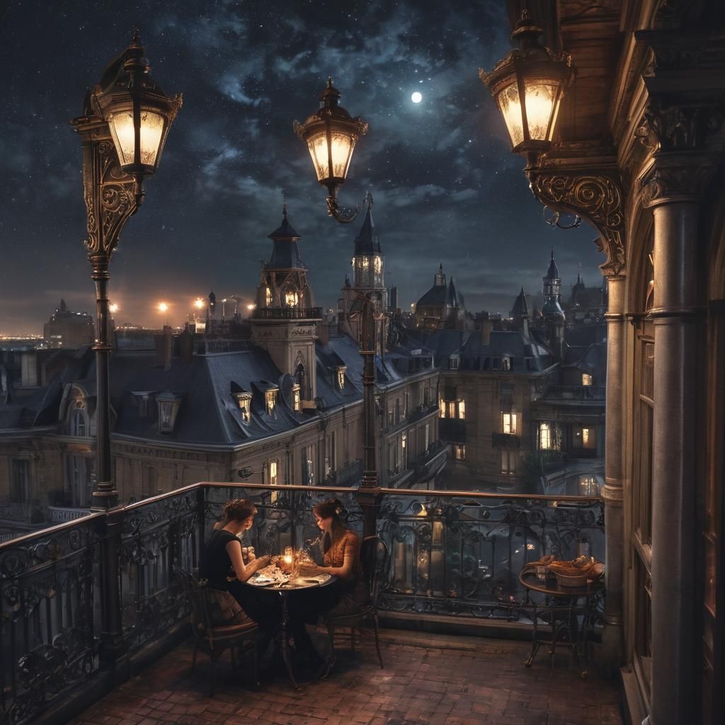 A romantic couple dining on a beautifully ornate balcony, overlooking a vast steampunk city that blends Victorian and French architecture. T...