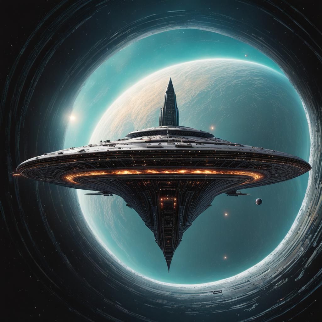 Jade Colour Sleek Starship, Peter Elson Style, passing throu...
