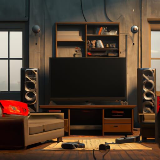 A extra large flat screen with nice speakers a stack of game...
