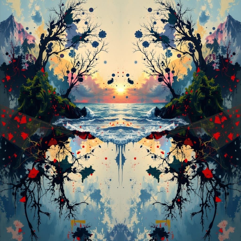seascape mirrored design, Rorschach <lora:Raw Shock:1.0>