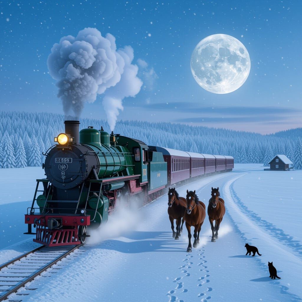 A hyper-realistic, highly detailed winter landscape viewed from above. A vast snowy plain stretches into the distance. In the middle of the ...