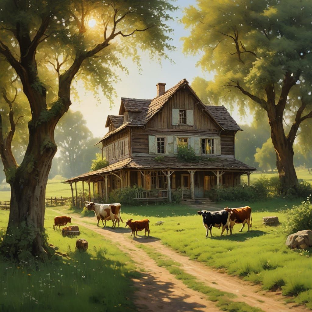 Impressionist Oil Painting of Rustic Farmhouse and Orchard