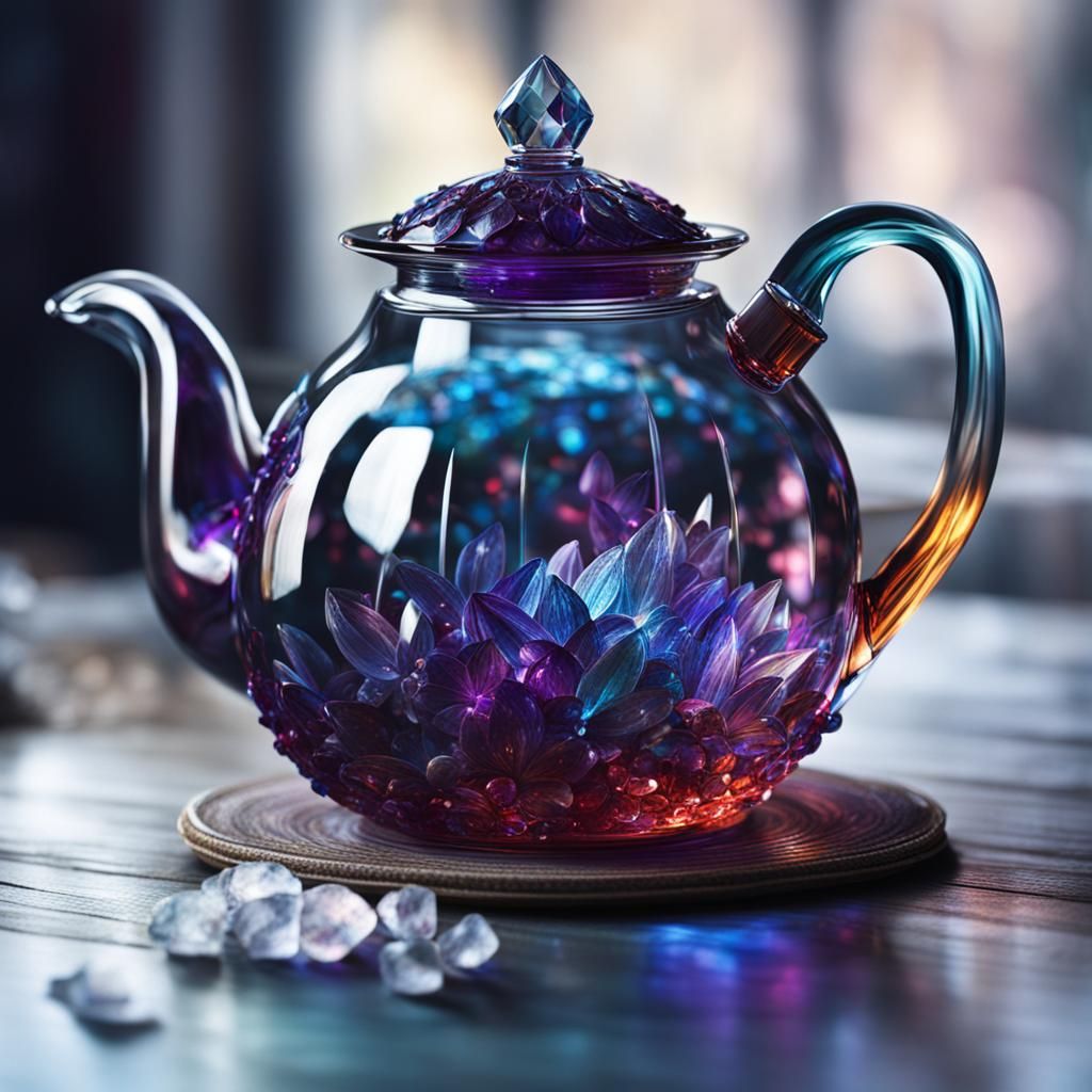 Crystal tea pot, contrasting colors cool colors deep color d...