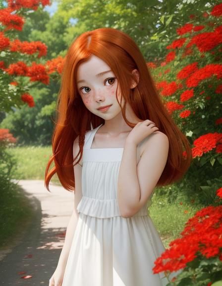 Auburn-Haired Girl Picking Flowers in Anime Style