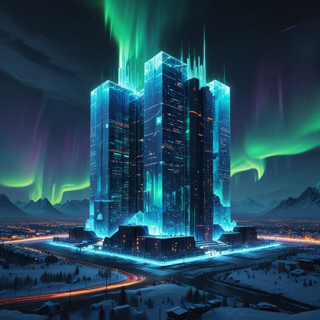 Sci-Fi Ice City with Glowing Circuits and Northern Lights