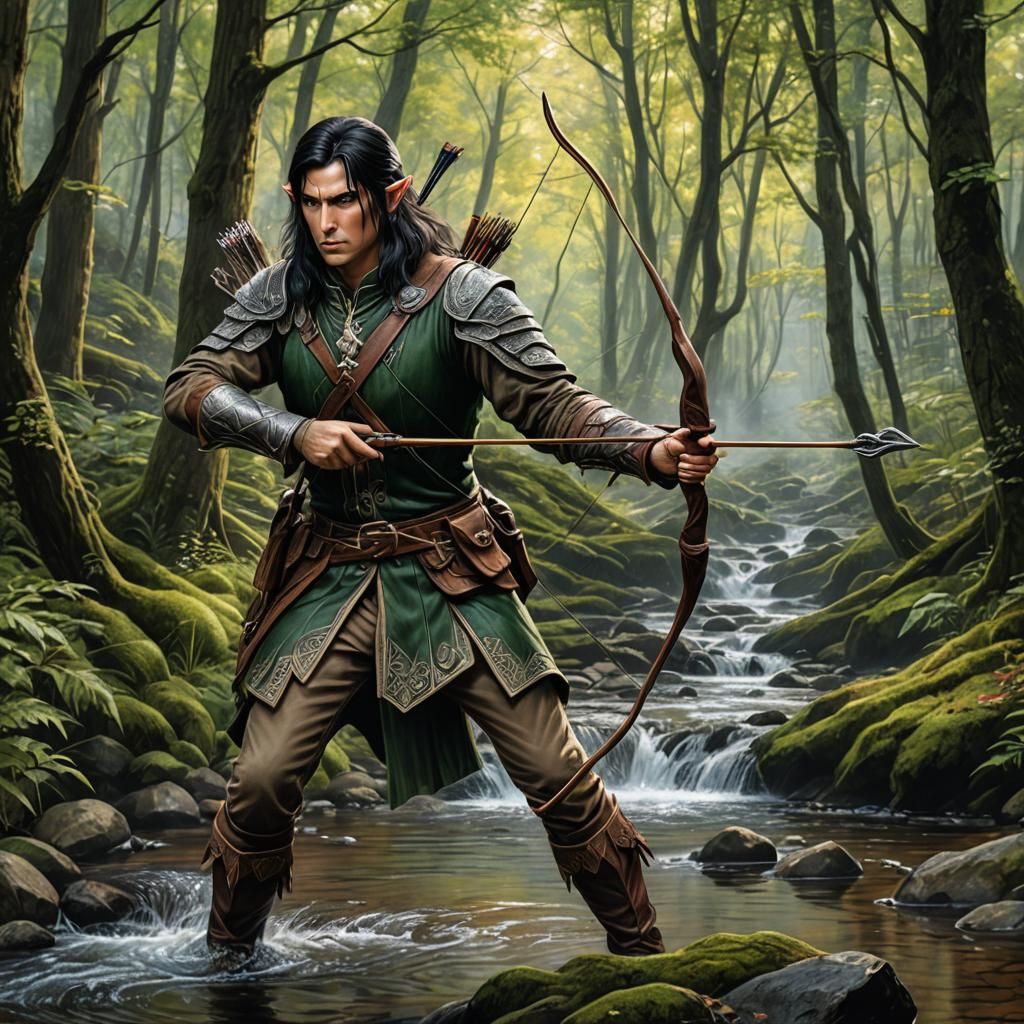 Masterpiece, colored pencil drawing, a male half-elf ranger, long black ...