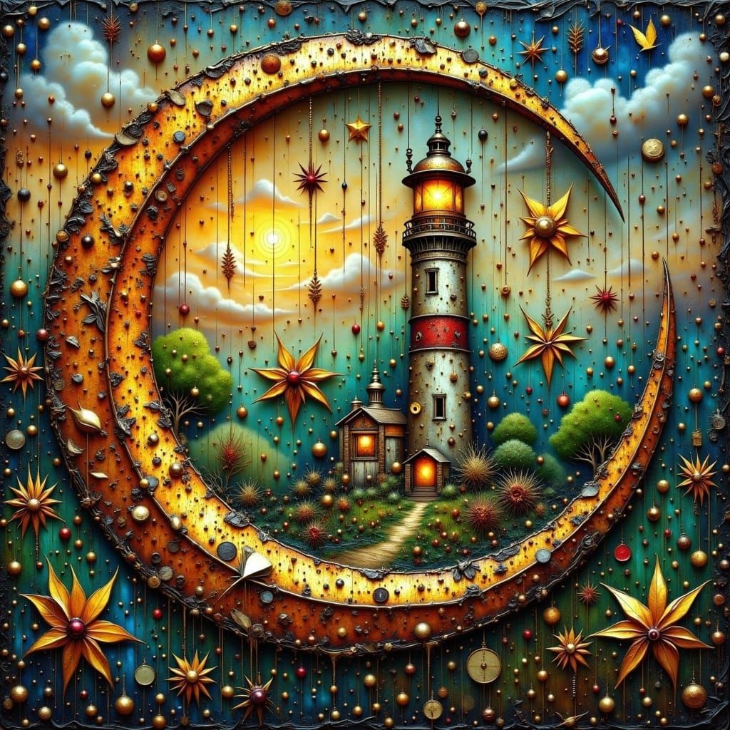 Double exposure, scrapcore giant yellow-gold enamelled metal surreal steampunk crescent moon :: double exposure a scrapcore colourful surrea...