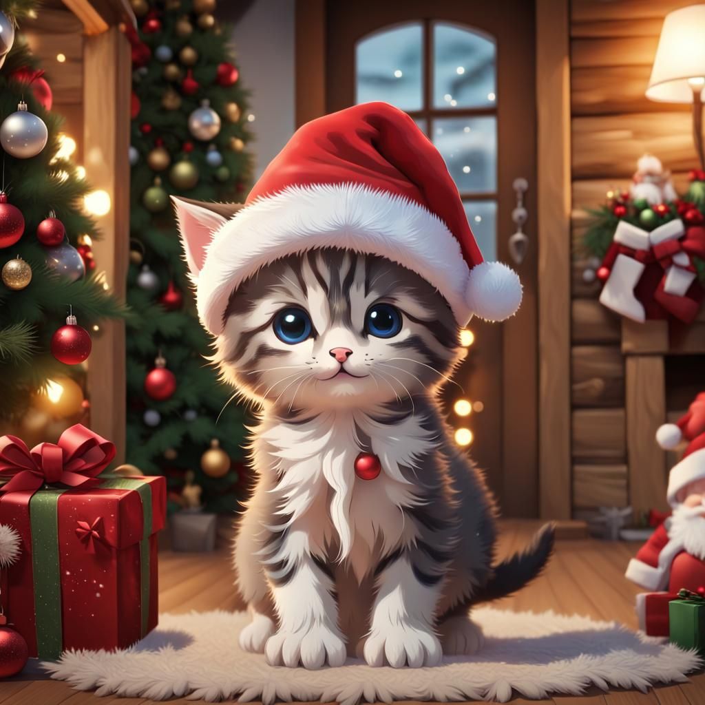 A cute kitten, with a Santa Claus hat