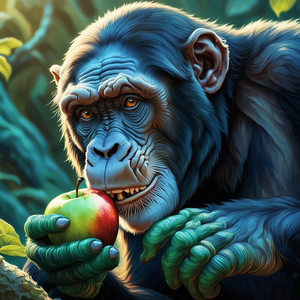 Surreal Chimpanzee Apple Snake Lion Fantasy Art