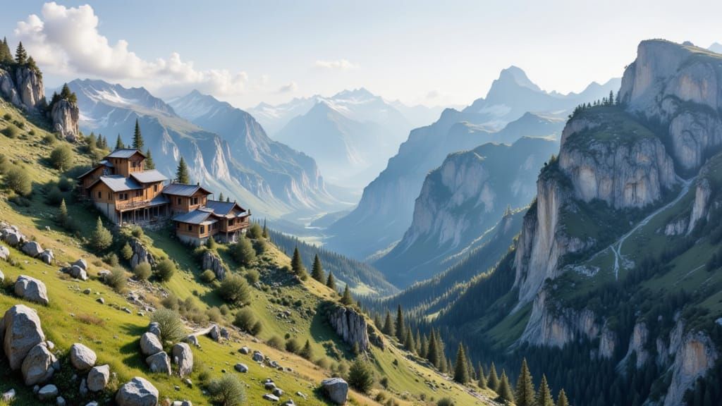 Inhabited Mountains in Dreamy Watercolor Style